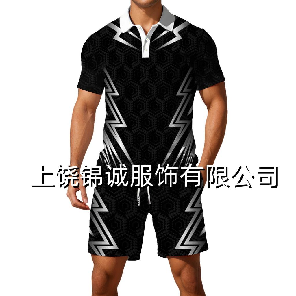 Temu hot-selling European and American fashion new color matching 3D digital printing men's lapel short-sleeved Polo shirt set