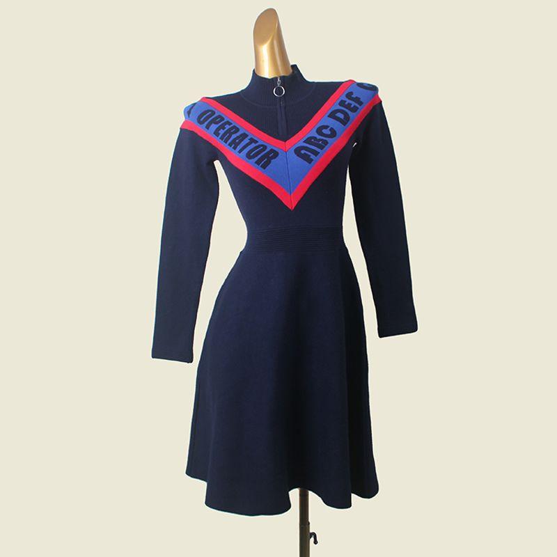 

French style Color Matching English Letter Embroidery Long sleeve dress Age-Reducing Contrast Color Zip-up Large V-neck A- line Skirt Tibetan Blue One size