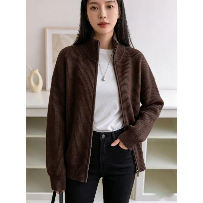 Cárdigan Grueso de Punto para Mujer, Cuello Semi Alto con Cremallera, Manga Larga, Top Casual