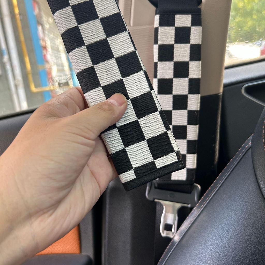 Checkered Jacquard Seat Belt Shoulder Pad Cover - Black and White
