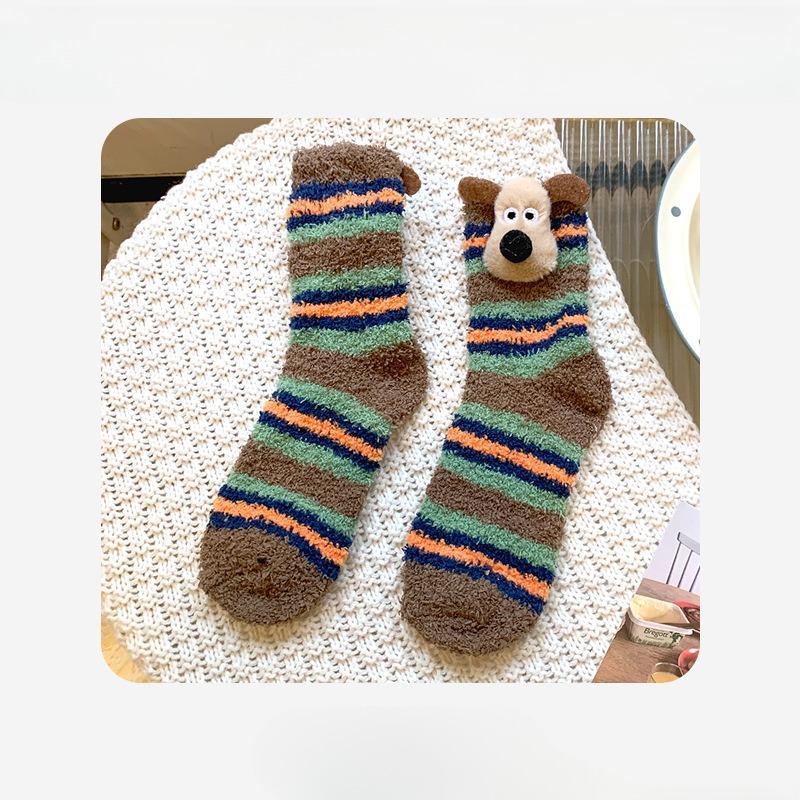 

Ladies Autumn Winter Thickened Cute Doll Palm Doodle Sleeping Floor Mid Tube Socks 1 pair кофейный