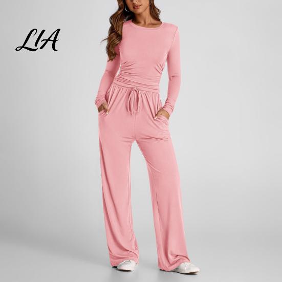 Breathable Matching Sets Women Top Pants Set for Spring Fall, Slim Fit Crewneck Sweatshirt, Everyday Wear Suit Elastic Waist Loose Wide