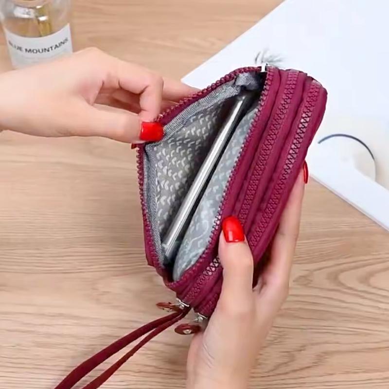 1 Stück Damen Mode Make-up Handtasche Kurze Handy-Tasche Tragbare Geldbörse Beutel Einfarbig 3-lagiger Reißverschluss
