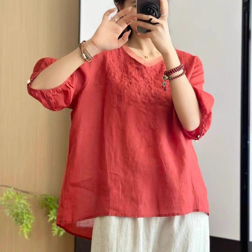 Summer 2026 Women's Plus Size Cotton Linen Two-Piece Suit with Slimming Embroidery for Middle-Aged and Elderly Mothers