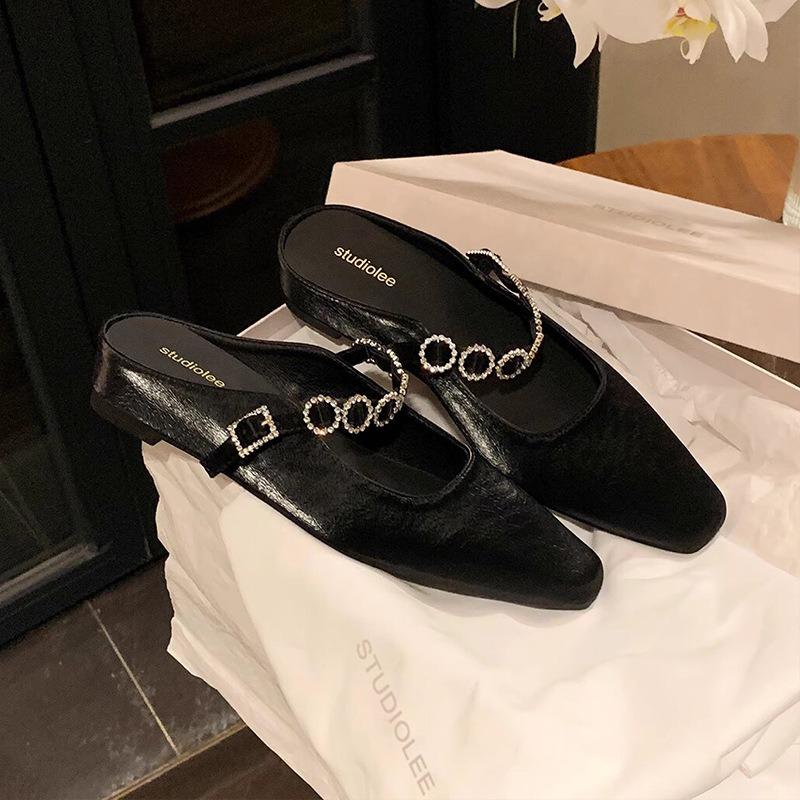 Square Head One-word Diamond Belt Shallow Mouth Versatile Half Slippers Female Summer