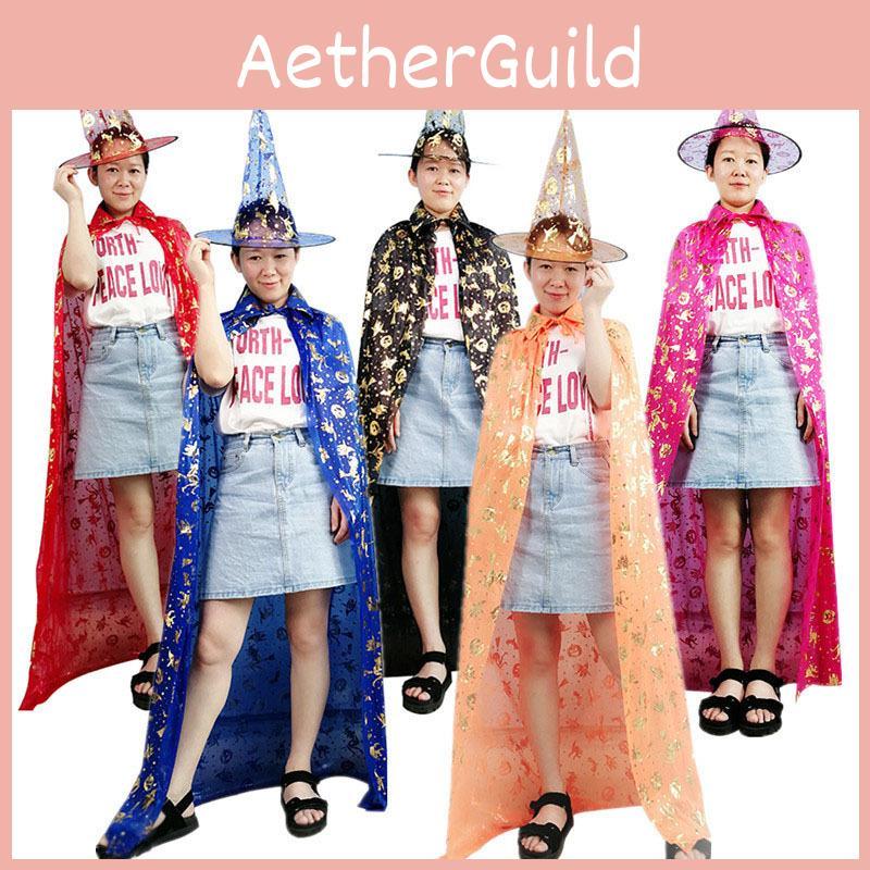 Halloween Cloak Costume For Children And Adults Golden Witch Cape With Sewn Craft Wizard Five-star Hat Black