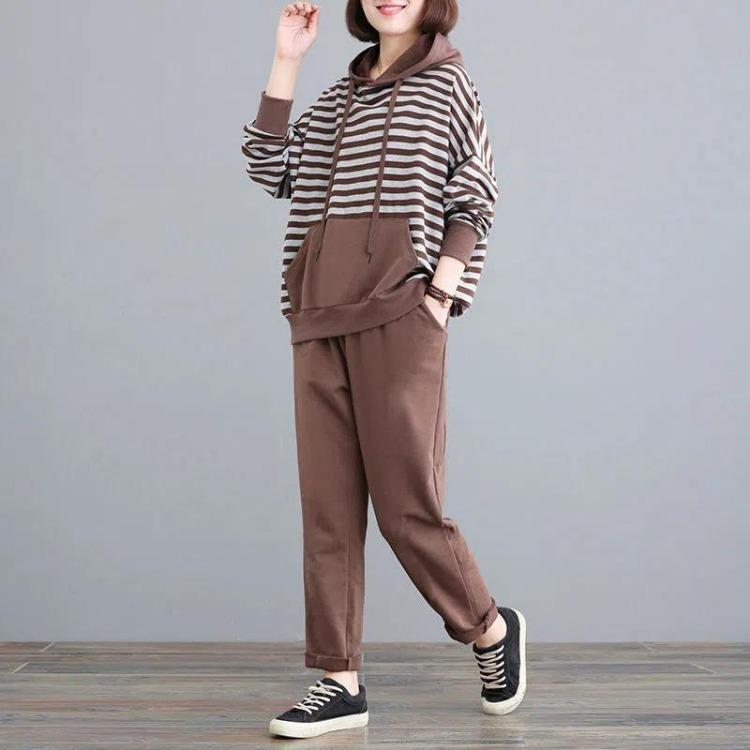 Women s Plus Size Summer Sports Suit Striped Hooded Sweater Casual Loose Pants Set Comfortable M кофейный