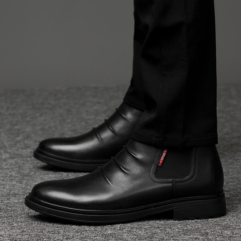 Mode Herrenschuhe Herren Winterschuhe Schwarz Echtes Leder Business Stiefel Warm Plüsch Fell Mann Winter Schuhe Hochwertige Chelsea Stiefel