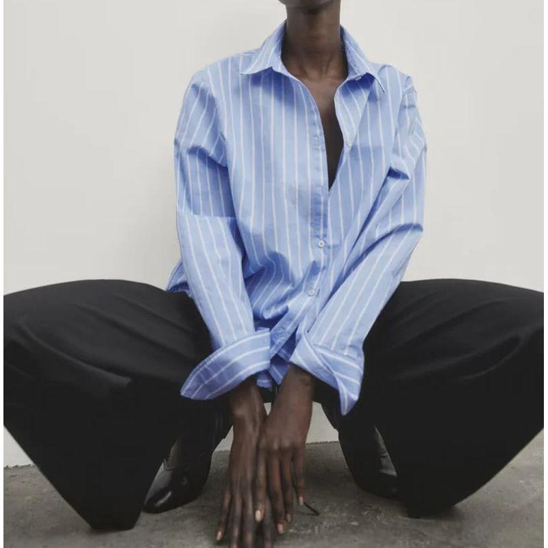 MD Spring/Summer New French Style Commute Style Casual Elegant All-Match Blue Vertical Stripes Long Sleeves Shirt 5126710