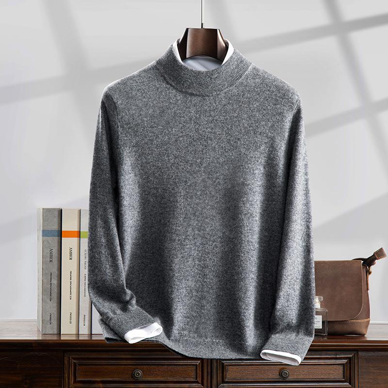 Men s 100% Pure Cashmere Half-High Collar Knit Sweater - Business Casual Long Sleeve Pullover L