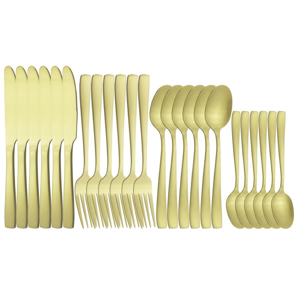 6 People Stainless Steel Cutlery Set White Gold Dinnerware Knives Fork Coffee Spoon Dinner Silverware Home Kitchen Tableware Set