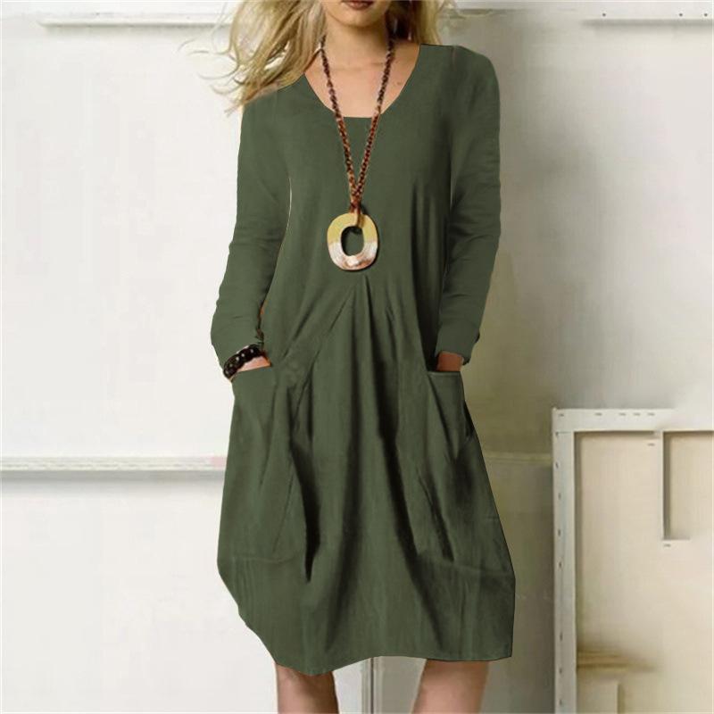 

YYFS Women s Fashion Spring Fall Solid Color Print Long Sleeve U-Neck Loose Waistline Casual Dresses XXXXXL армія зелений колір