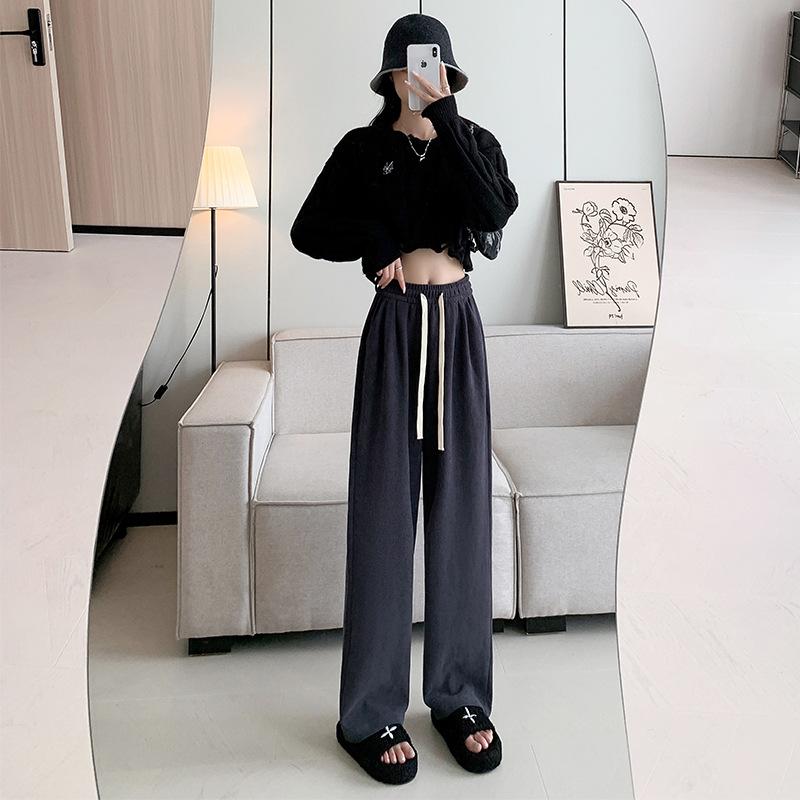 

European cotton lint wide-leg pants women s autumn and winter new high-waisted lace-up Yamamoto pants loose and drape casual sports straight pants XL серый
