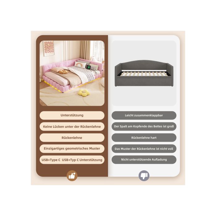 Canapé-lit - MUVOE - 140x200 cm - Laine rose - LED ambiance - Chargeur USB