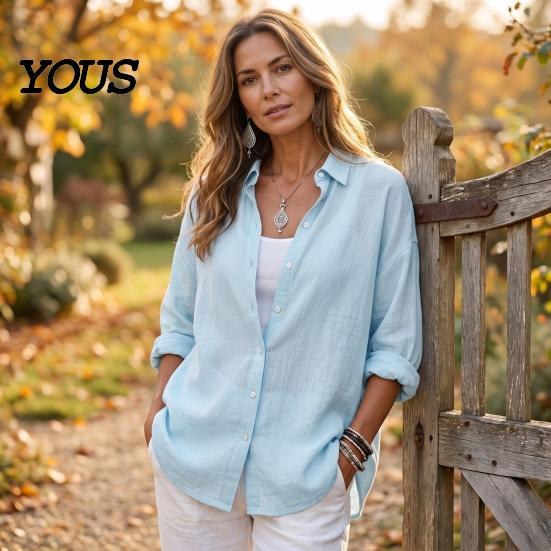 Casual Long Sleeve Tops Women Button Front Shirt, Turndown Collar Blouse, Relaxed Fit Solid Color Drop Shoulder Fall Top for Daily Wear