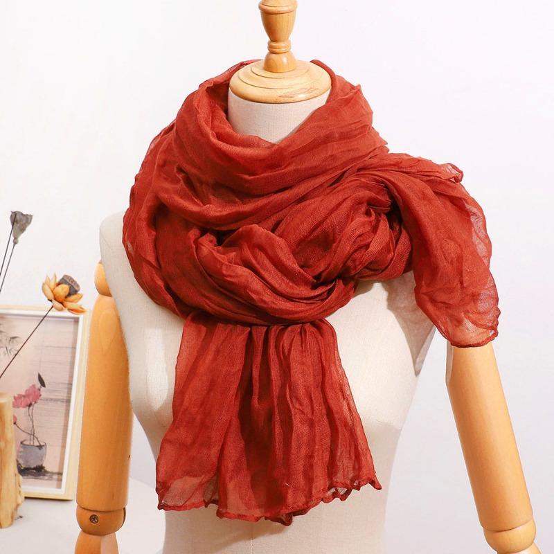 All-Season French-Style Vintage Solid Color Crinkle Pleated Scarf Lightweight Pleated Neck Scarf Shawl, Versatile Solid Color Autumn and Winter