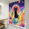 Cosmic-Themed Shower Curtain - Black Cat on Colorful Planet, Rainbow & Starry Sky, 70.8x70.8", 12 Hooks