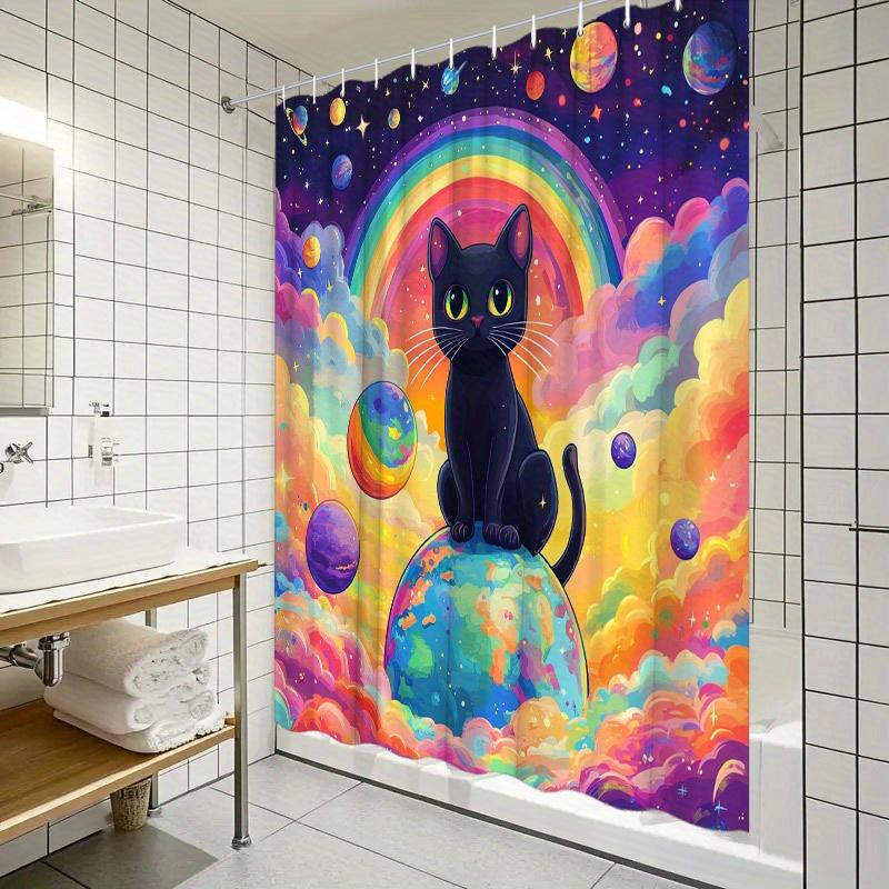 Cosmic-Themed Shower Curtain - Black Cat on Colorful Planet, Rainbow & Starry Sky, 70.8x70.8", 12 Hooks
