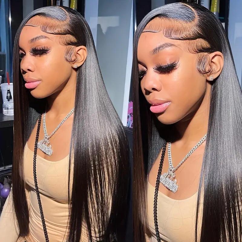 Long Straight Synthetic Wig With Lace Front Adjustable Bangs Black Heat-Resistant Fiber Women