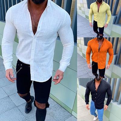 Man Casual Solid Color Shirt Men's Long Sleeved Turn-down Collar Blouse