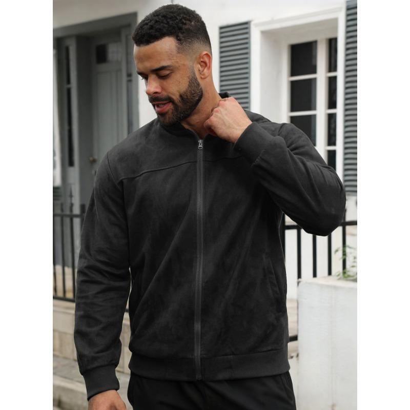 Men S Suede Jacket Long Sleeve Stand Collar Casual Outerwear
