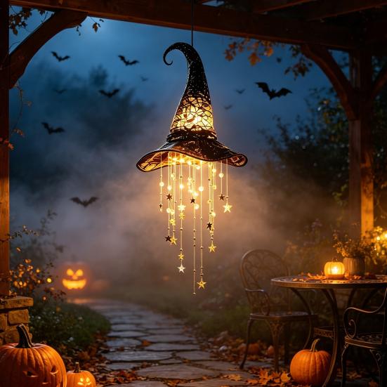 Mysterious Witch Hat Ornament Lighted Hanging Chime, LED Glowing Hollow with Halloween for Garden Star Tassels, Witches Hat, Porch Yard Window