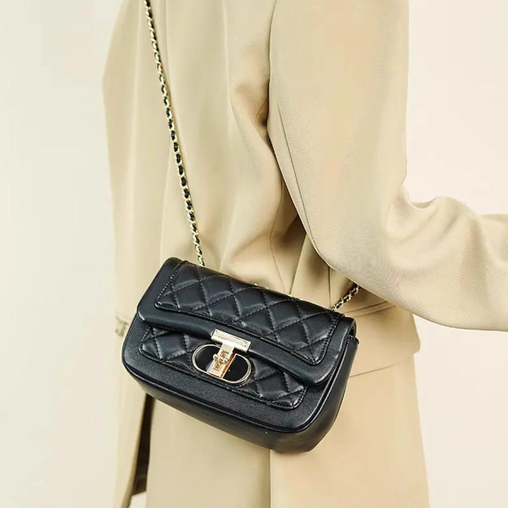 Black Rhombus Metal Buckle Multi-compartment Single Shoulder Crossbody Versatile Fashion Women's Square Chain Bag
