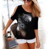 Summer Boho Women Cold Shoulder Feather Tshirt Blouse With Stylish Printing And Short Sleeve Design