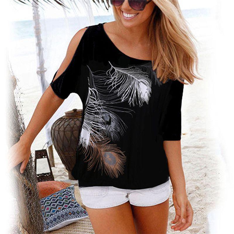 Summer Boho Women Cold Shoulder Feather Tshirt Blouse With Stylish Printing And Short Sleeve Design