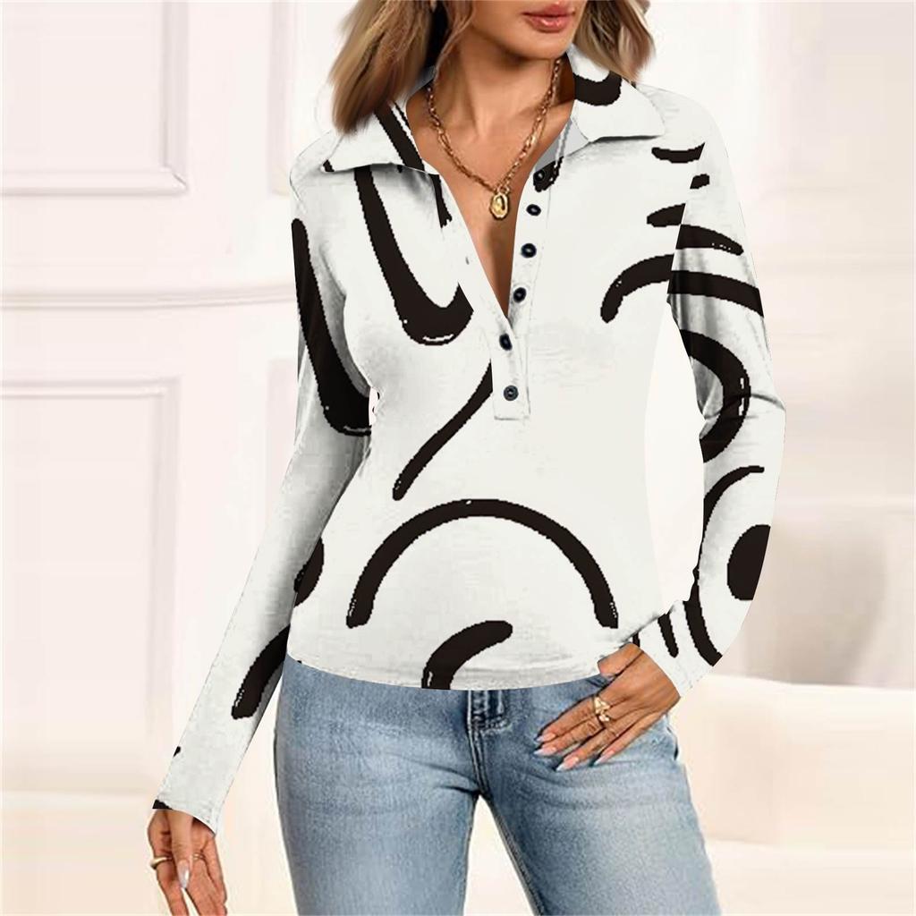 Women's Fashion Casual Printed V-Neck Long Sleeve Button-Down Top