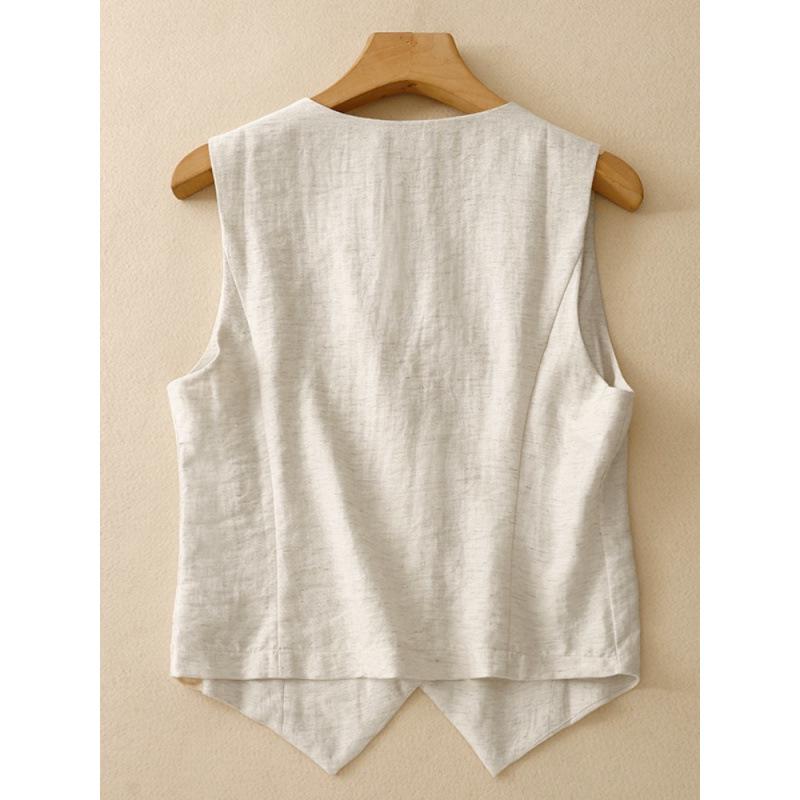 Women's Summer V-Neck Linen Vest - Solid Color, Sleeveless, Slim Fit Tank Top