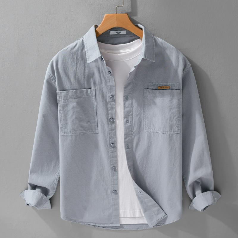 Spring/Autumn 100 Cotton Mens Long Sleeved Shirts Daily Casual Tops Turn Down Collar Double Pockets Green Shirt Korean Retro Style Men Clothing