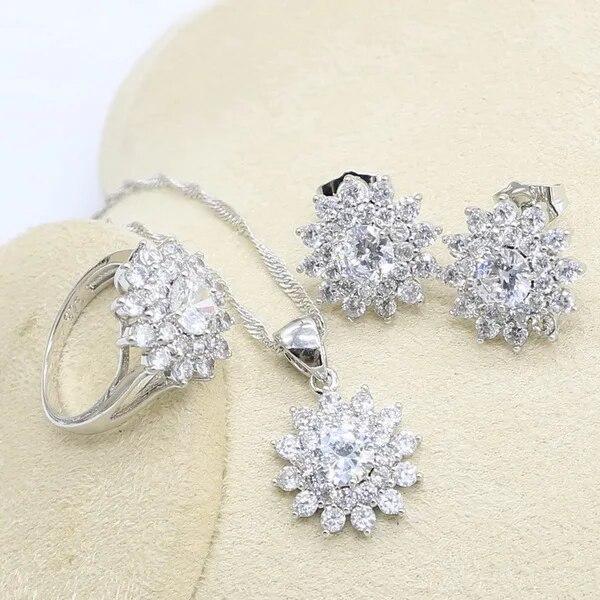 

Білий циркон 925 срібло весільний набір прикрас для жінок браслет сережки гвоздики намисто кільце кулон подарункова коробка 8