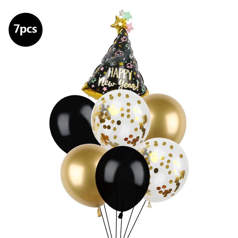 7-Piece Black Gold Sequins Happy New Year Happy New Year Theme Latex Aluminum Film Lift-Off Balloon Combination