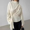 French Style Stand Collar Chiffon Flared Sleeve Pleated Split Shirt