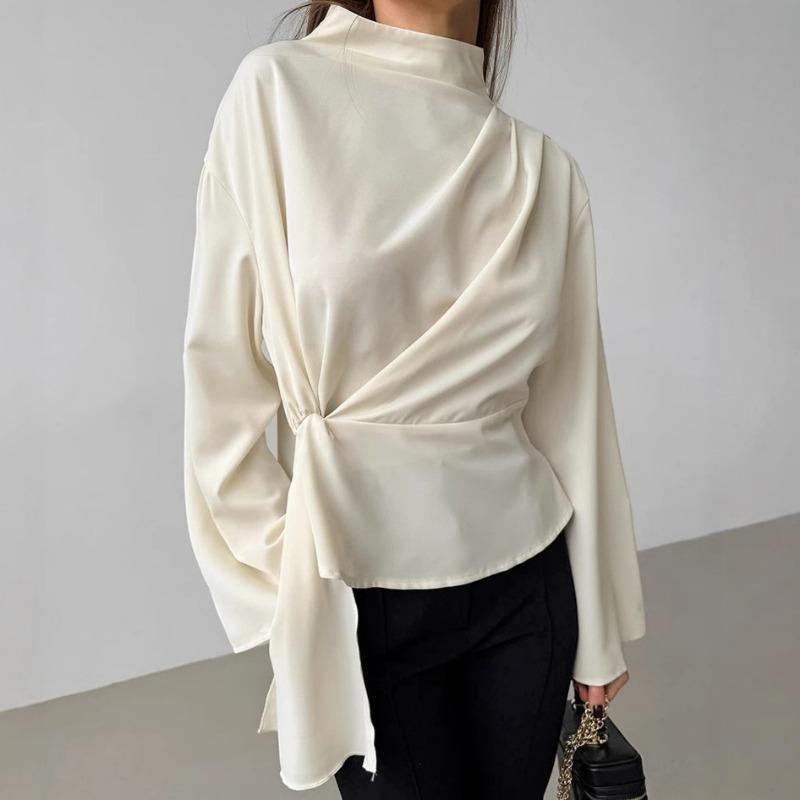 French Style Stand Collar Chiffon Flared Sleeve Pleated Split Shirt