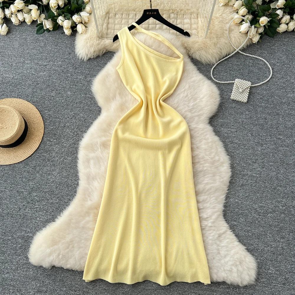 Elegant Ruffle Sexy High Waist Hollow Out Slash Neck Sleeveless Knit Dress Vacation Dresses Slim Women Party Ceremonial Dress