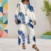 Women Plus Size Round Neck Long Sleeve Printed Layered Top Wide Leg Cropped Pants Two Piece Set