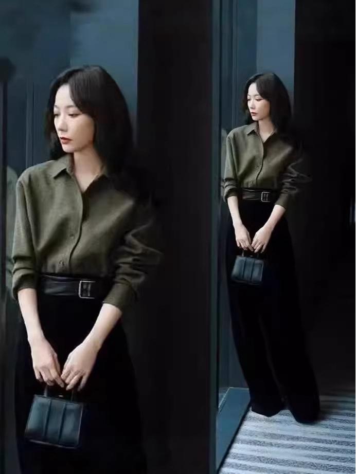 

Wang Luodan Style Retro Hong Kong Wool Shirt: Women s Long Sleeve, Slimming, Solid Color, Autumn Medium оливковый