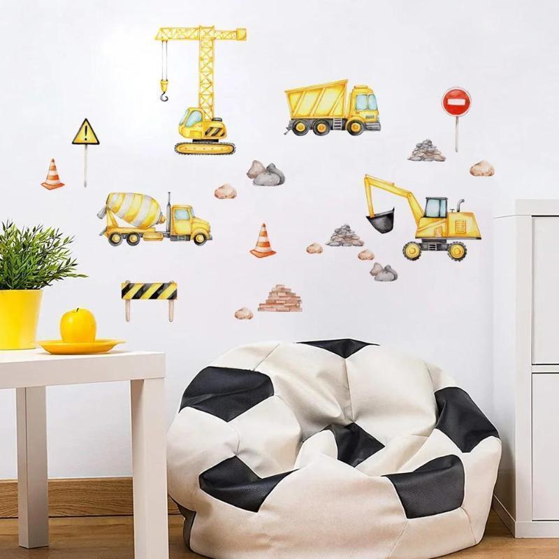 Cartoon Engineering Vehicle Pattern Wall Sticker Boy Kids Room Background Decoration Mural Home Decor Self Adhesive Wallpaper