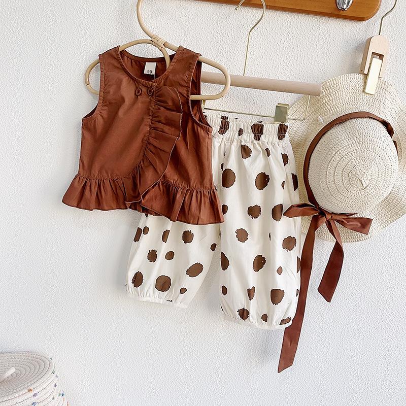 Girls Summer Sleeveless Peplum Top And Wide Leg Pants 2 Piece Set With Hat Cute Casual Outfit For Kids 90cm
