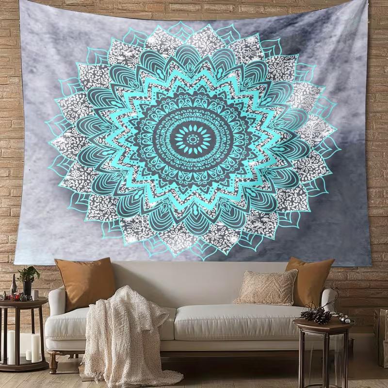 2D Aesthetic Mandala Tapestry, Grey Tie Dye & Turquoise Floral Background Cloth