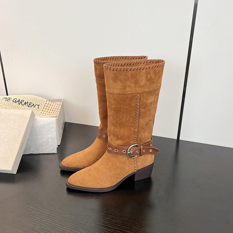 Sheepskin Version~ Lapel Two Wear Wide Tube Stacking Boots Pointed Western Cowboy Boots Women's 2025 Thick Heel Versatile Medium Boots