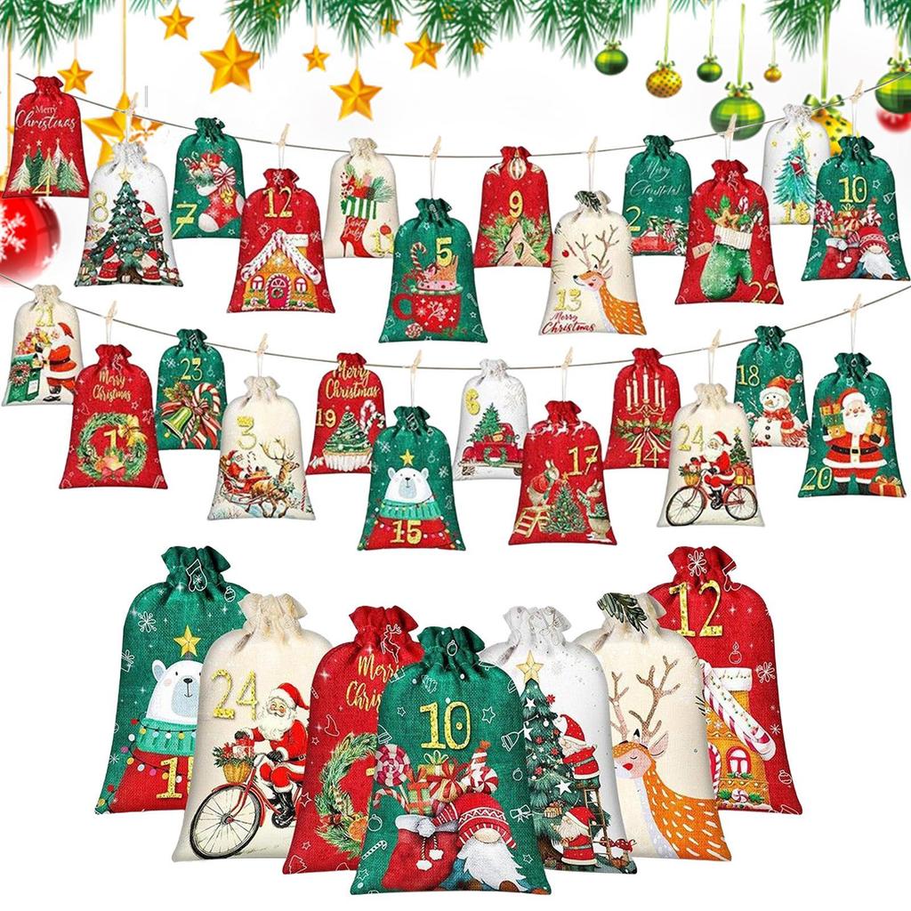 Christmas Bag 24Piece Countdown Calendar Pouch Christmas Candy Bag For Party Birthday Kids Tree Candy Wedding Holiday Baby