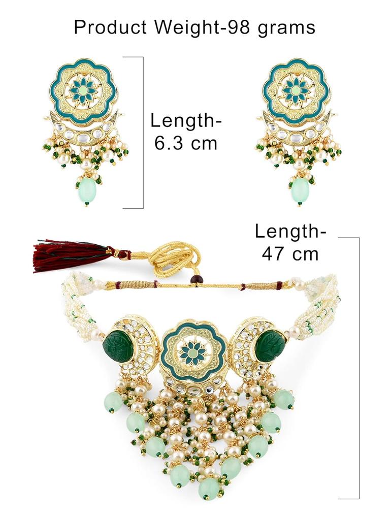 Türkisblaues und grünes Meenakari-Kaskaden-Wasserfall-Perlen-Halsketten-Ohrring- und Ring-Set für Frauen