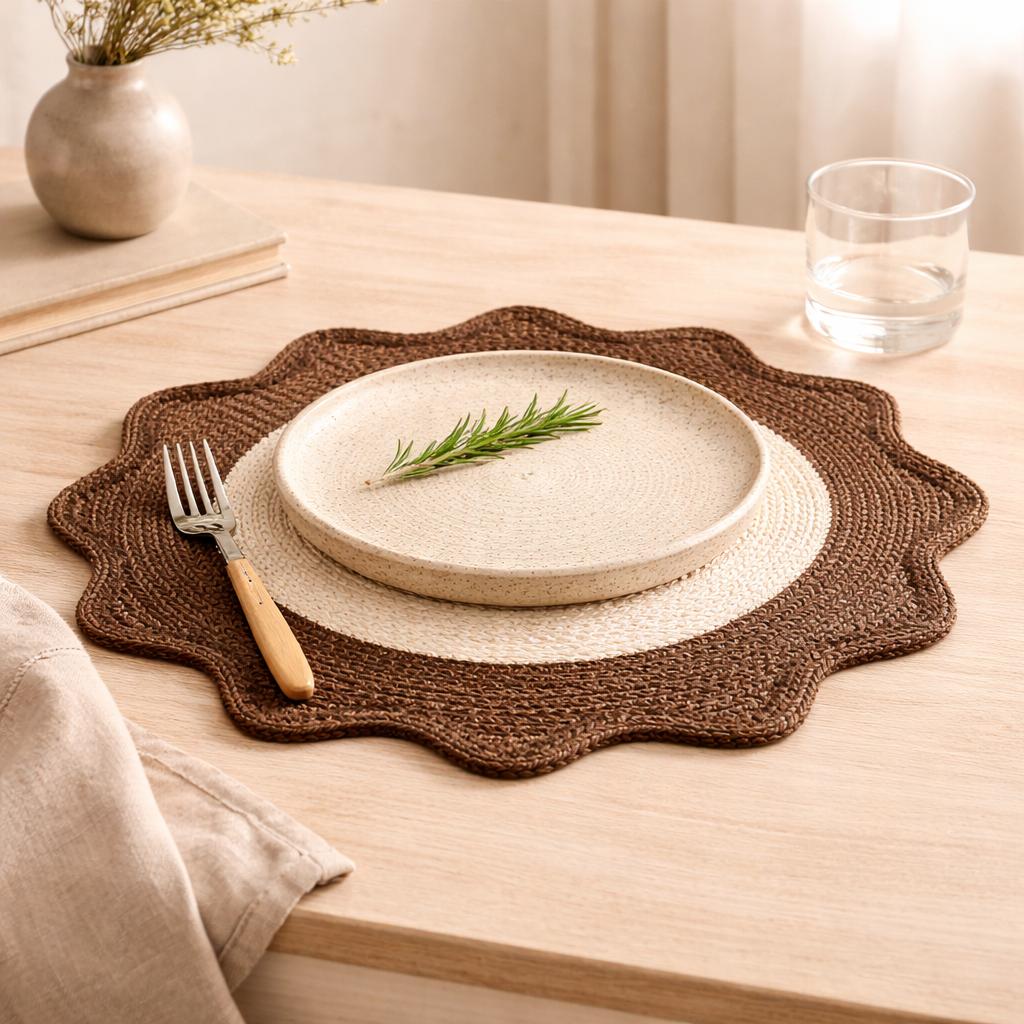 Brown Polyester Braided Placemat -Durable Round Table Mat for Dining