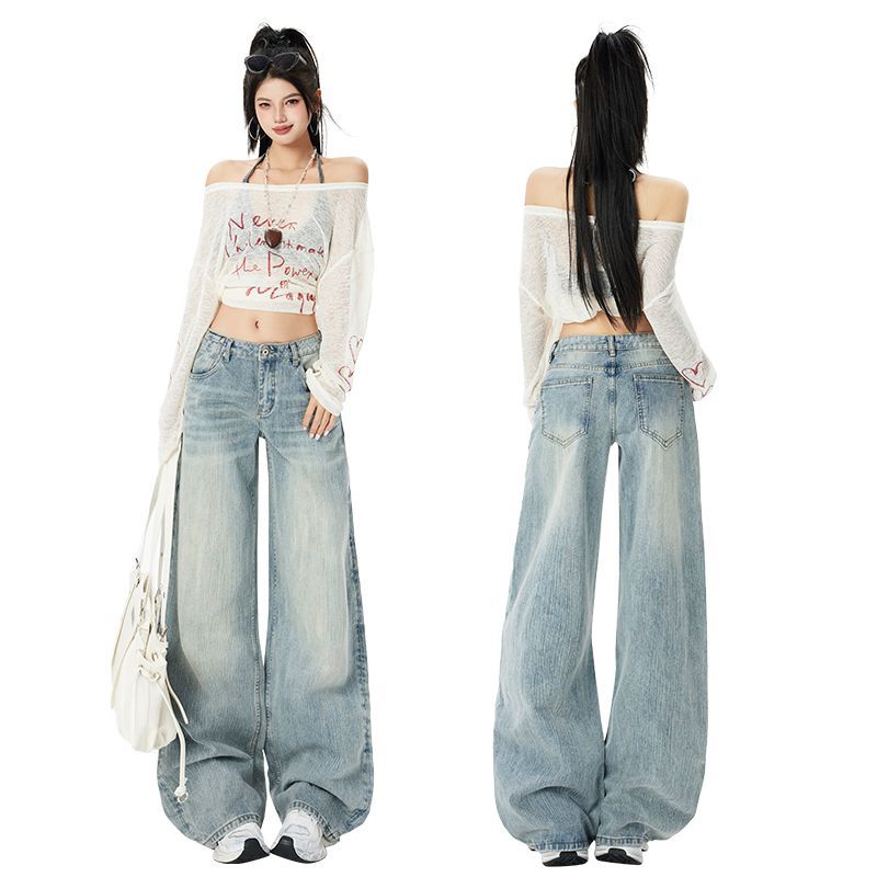 Spring Summer Distressed Light Slub Mid Low Waist Straight Floor Wide Leg Denim Pants For Women Casual Pants Oversize Denim Trousers