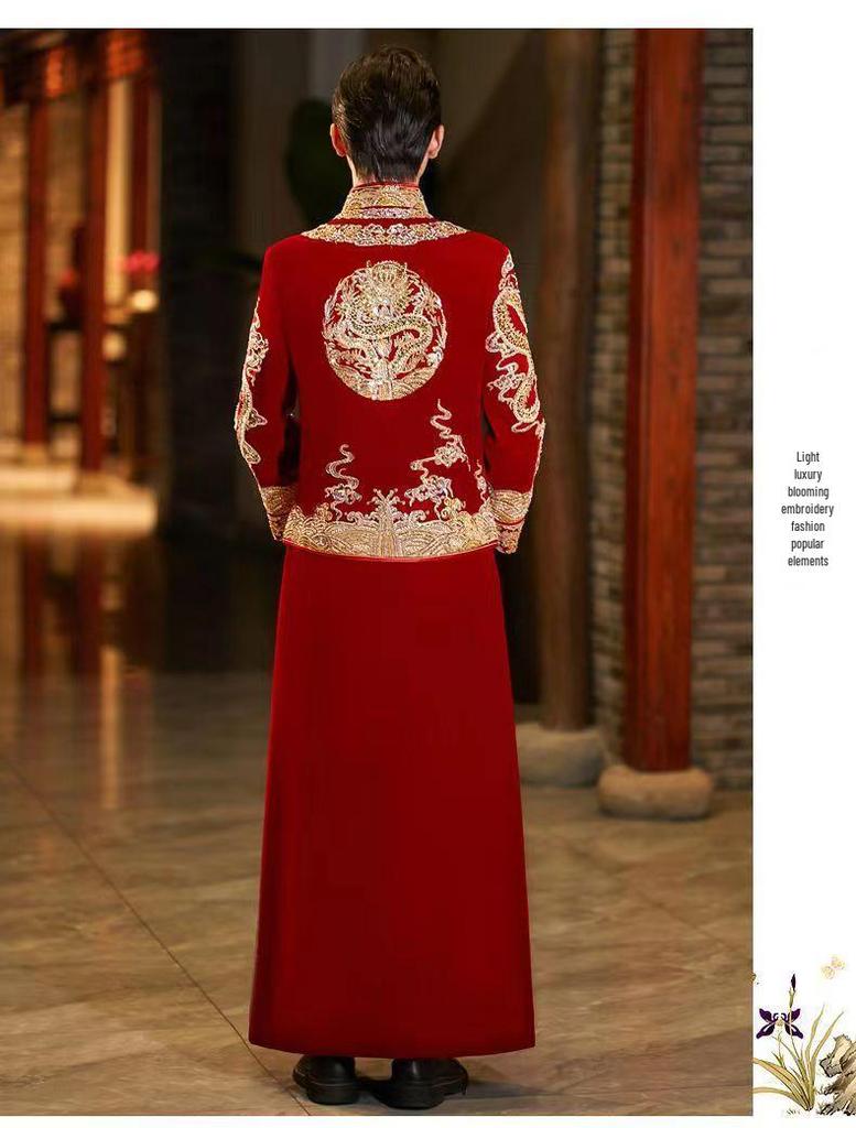 Herren 2024 Xiuhe Samt Hochzeitsanzug: Chinesisches Bräutigam Drachen & Phönix Gewand, Übergröße verfügbar