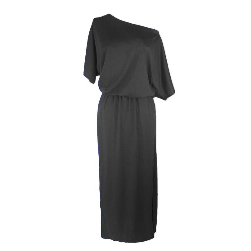 

Женское летнее однотонное свободное длинное платье макси с нерегулярным боковым разрезом и карманами L