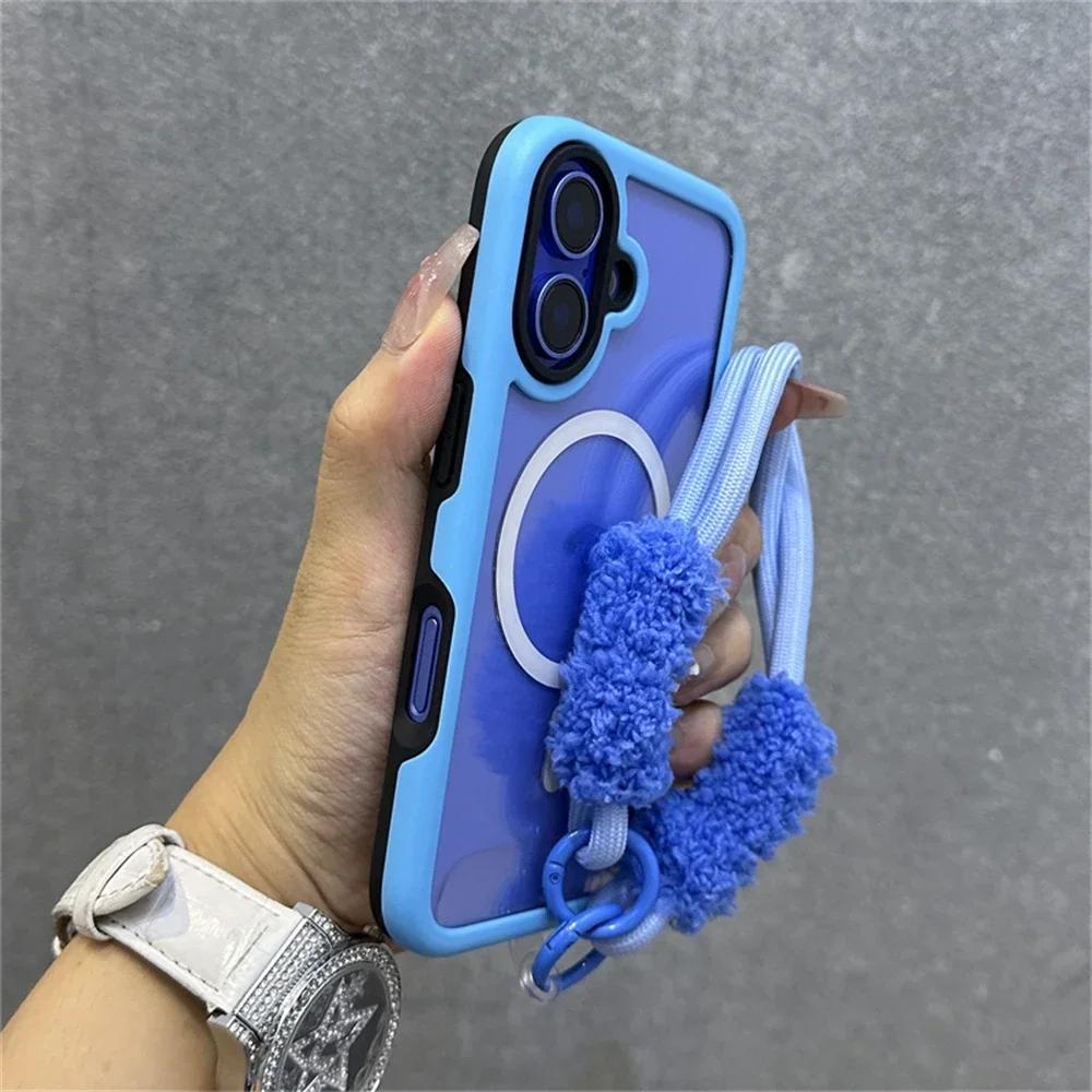 Armor Candy Color Clash For Magsafe Magnetic Clear Phone Case with Plush Wrist Strap For iPhone 16 Pro Max 15 14 13 Cover
